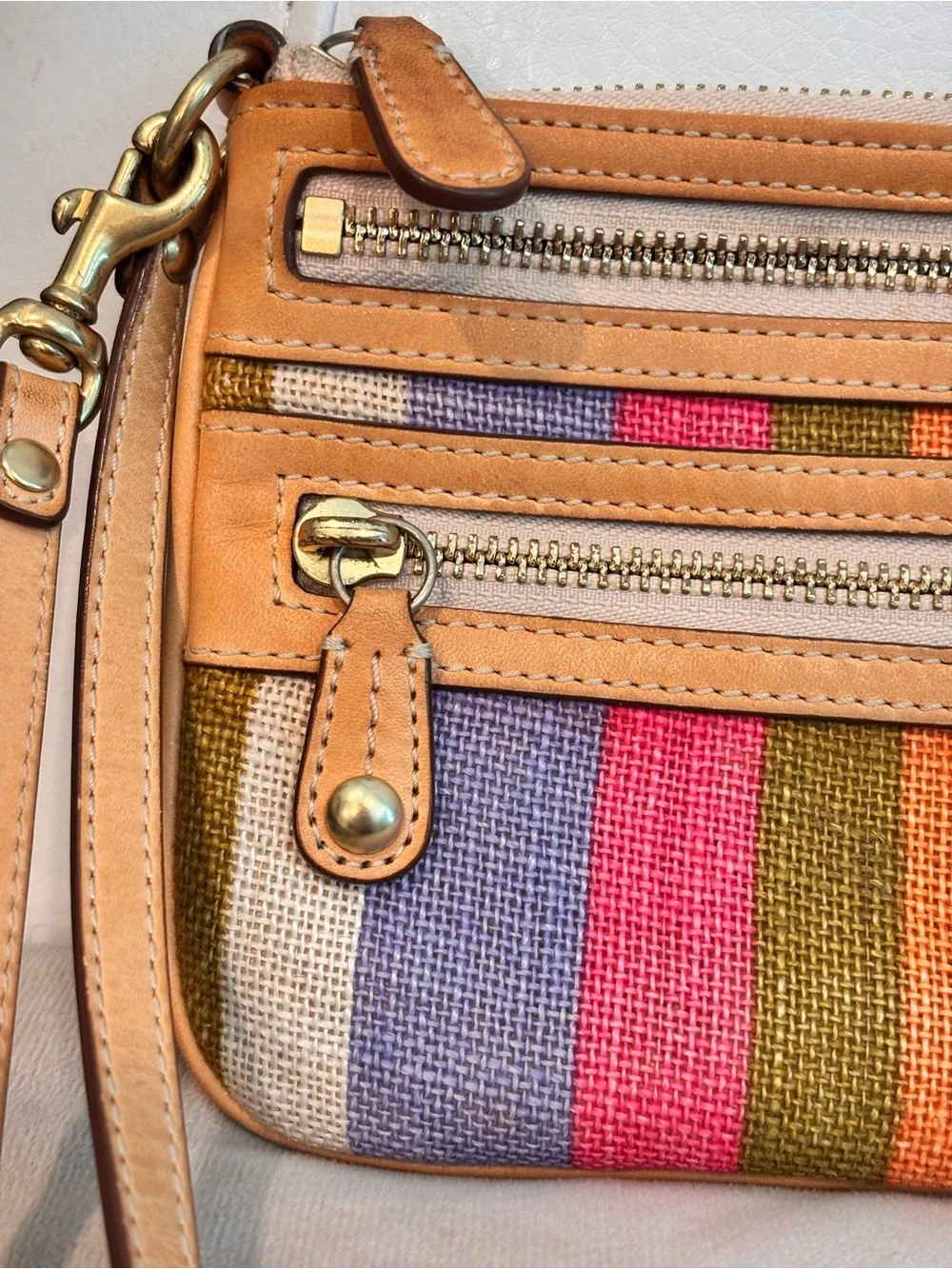 Coach Multicolor Striped Canvas & Leather Wristlet - Orange, Purple, Pink, Brown